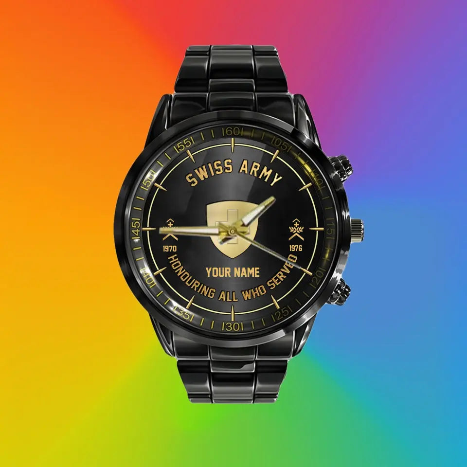 Personalized Swiss Soldier/ Veteran With Name, Rank and Year Black Stainless Steel Watch - 26042401QA - Gold Version