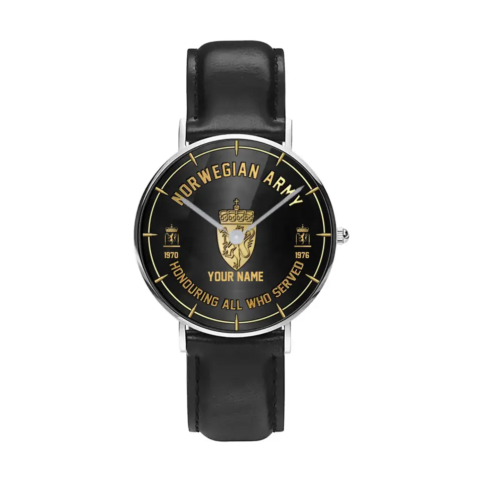 Personalized Norway Soldier/ Veteran With Name, Rank and Year Black Stitched Leather Watch - 17140896 - Gold Version