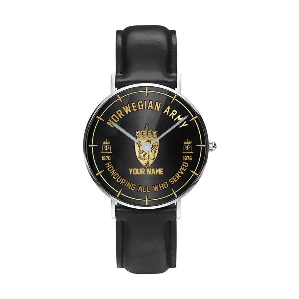 Personalized Norway Soldier/ Veteran With Name, Rank and Year Black Stitched Leather Watch - 26042401QA - Gold Version