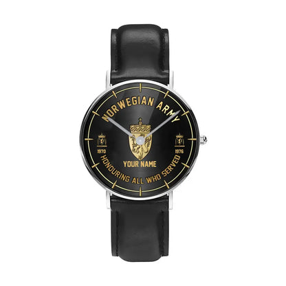 Personalized Norway Soldier/ Veteran With Name, Rank and Year Black Stitched Leather Watch - 17140896 - Gold Version