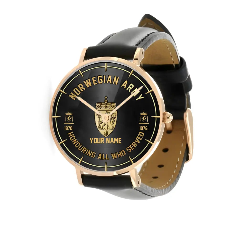 Personalized Norway Soldier/ Veteran With Name, Rank and Year Black Stitched Leather Watch - 17140896 - Gold Version