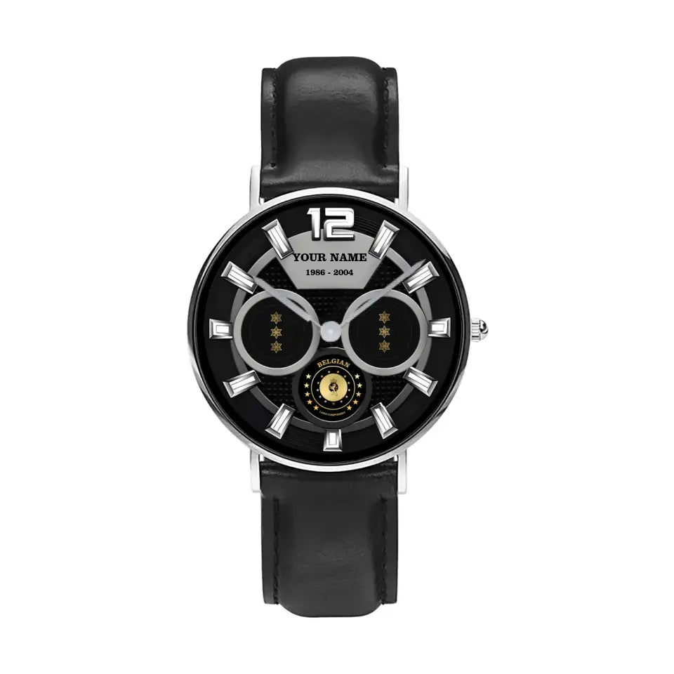 Personalized Belgium Soldier/ Veteran With Name, Rank and Year Black Stitched Leather Watch - 27042401QA - Gold Version