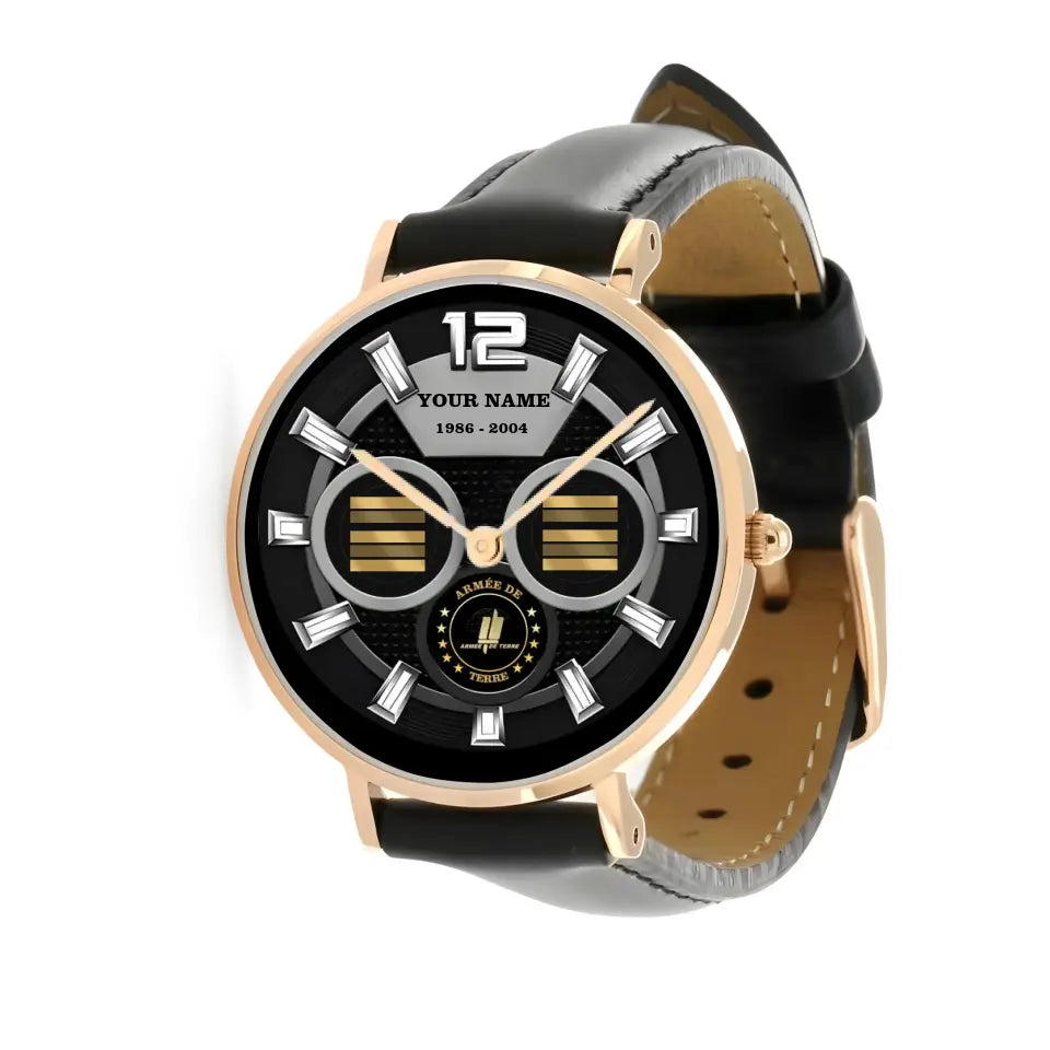 Personalized France Soldier/ Veteran With Name, Rank and Year Black Stitched Leather Watch - 27042401QA - Gold Version