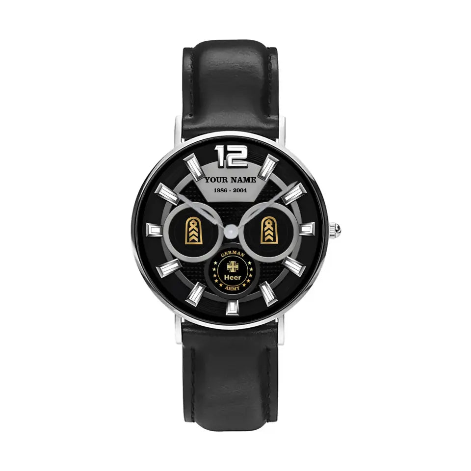 Personalized Germany Soldier/ Veteran With Name, Rank and Year Black Stitched Leather Watch - 27042401QA - Gold Version