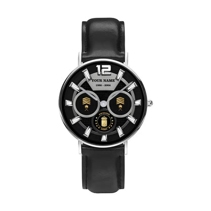 Personalized Sweden Soldier/ Veteran With Name, Rank and Year Black Stitched Leather Watch - 27042401QA - Gold Version