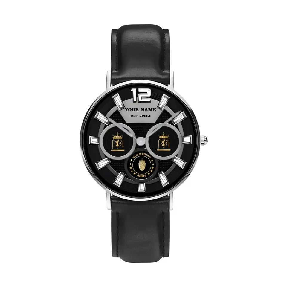 Personalized Norway Soldier/ Veteran With Name, Rank and Year Black Stitched Leather Watch - 27042401QA - Gold Version