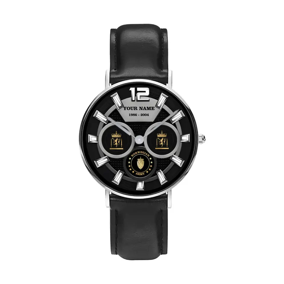 Personalized Norway Soldier/ Veteran With Name, Rank and Year Black Stitched Leather Watch - 17141760 - Gold Version