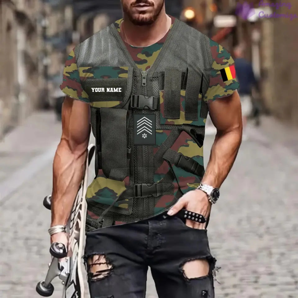 Personalized Belgium Soldier/ Veteran Camo With Name And Rank T-shirt 3D Printed  - 17137440