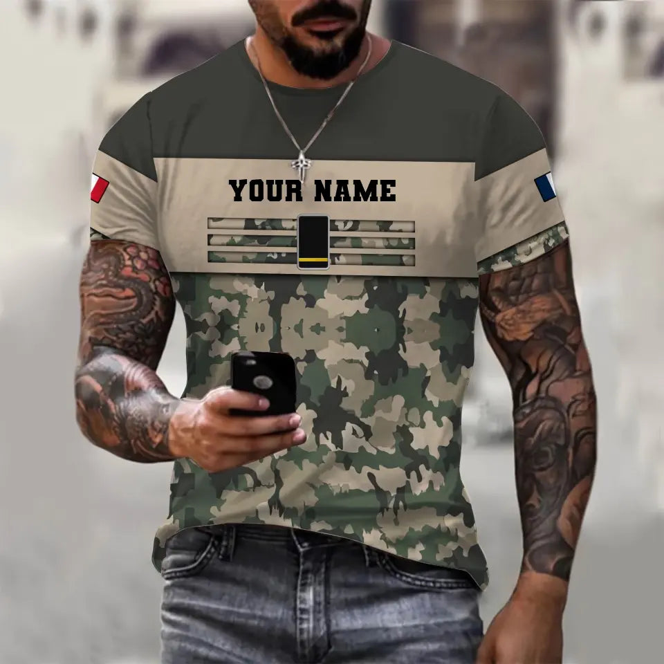 Personalized France Soldier/ Veteran Camo With Name And Rank T-shirt 3D Printed  - 1112230001QA