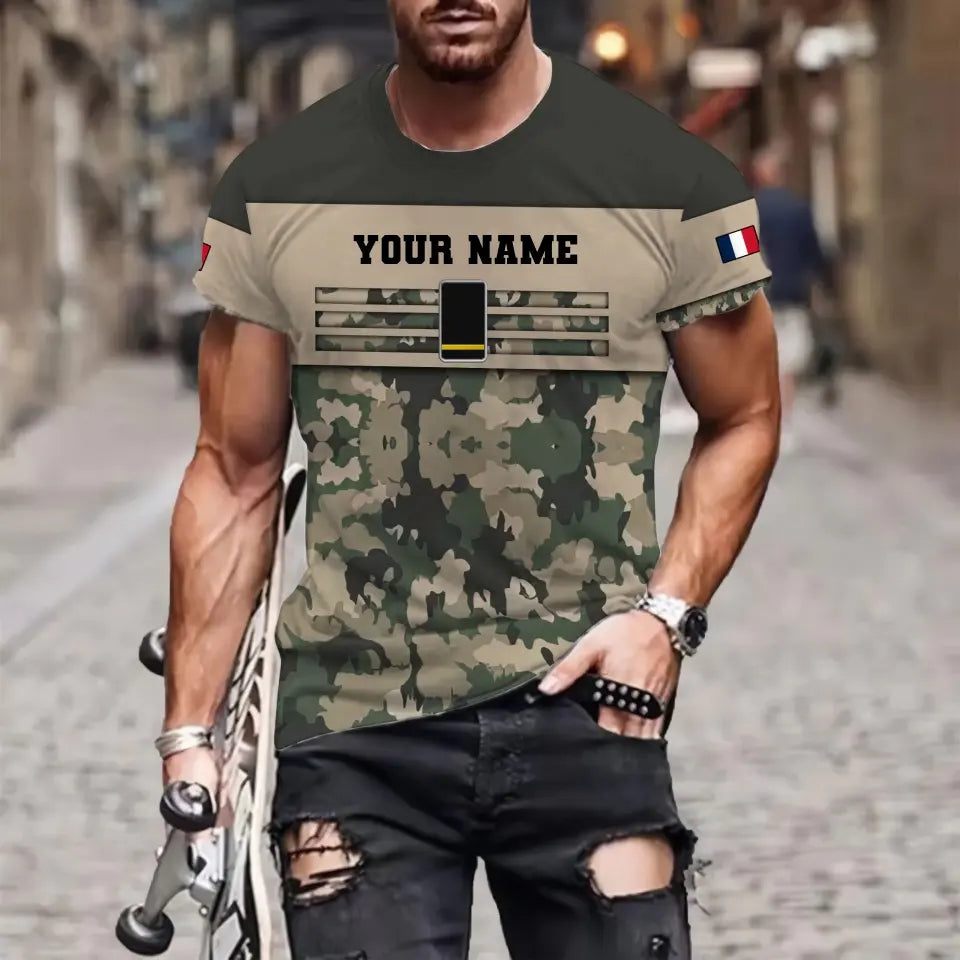 T-shirt personnalisé avec camouflage soldat/vétéran de la France avec nom et grade imprimé en 3D - 1112230001QA