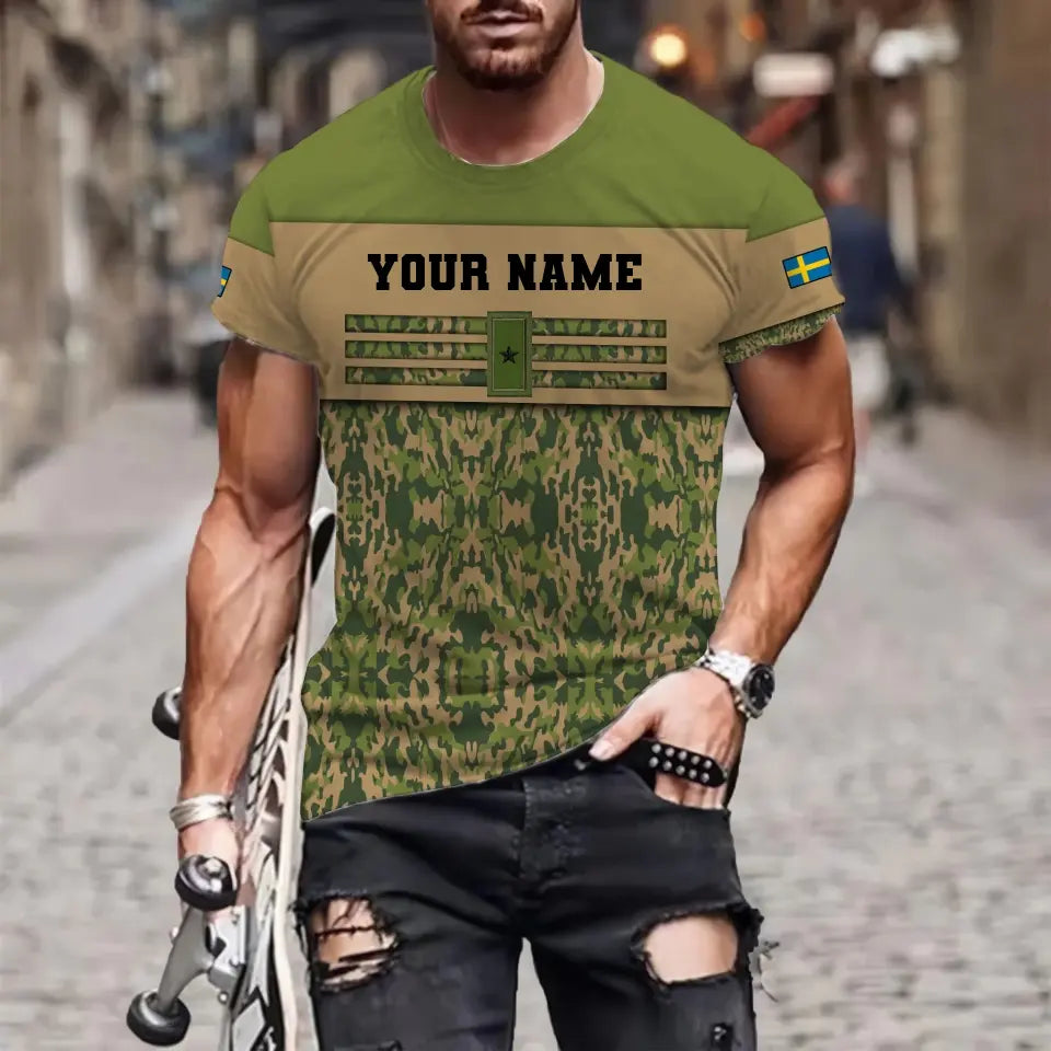 Personalized Sweden Soldier/ Veteran Camo With Name And Rank T-shirt 3D Printed  -   1201240001QA