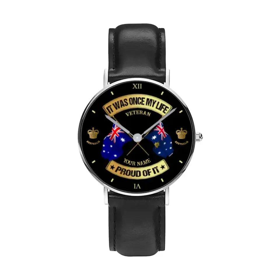 Personalized Australia Soldier/ Veteran With Name and Rank Black Stitched Leather Watch - 03052401QA - Gold Version