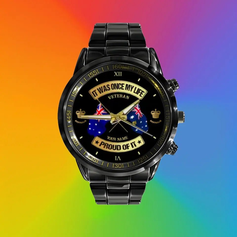 Personalized Australia Soldier/ Veteran With Name and Rank Black Stainless Steel Watch - 03052401QA - Gold Version