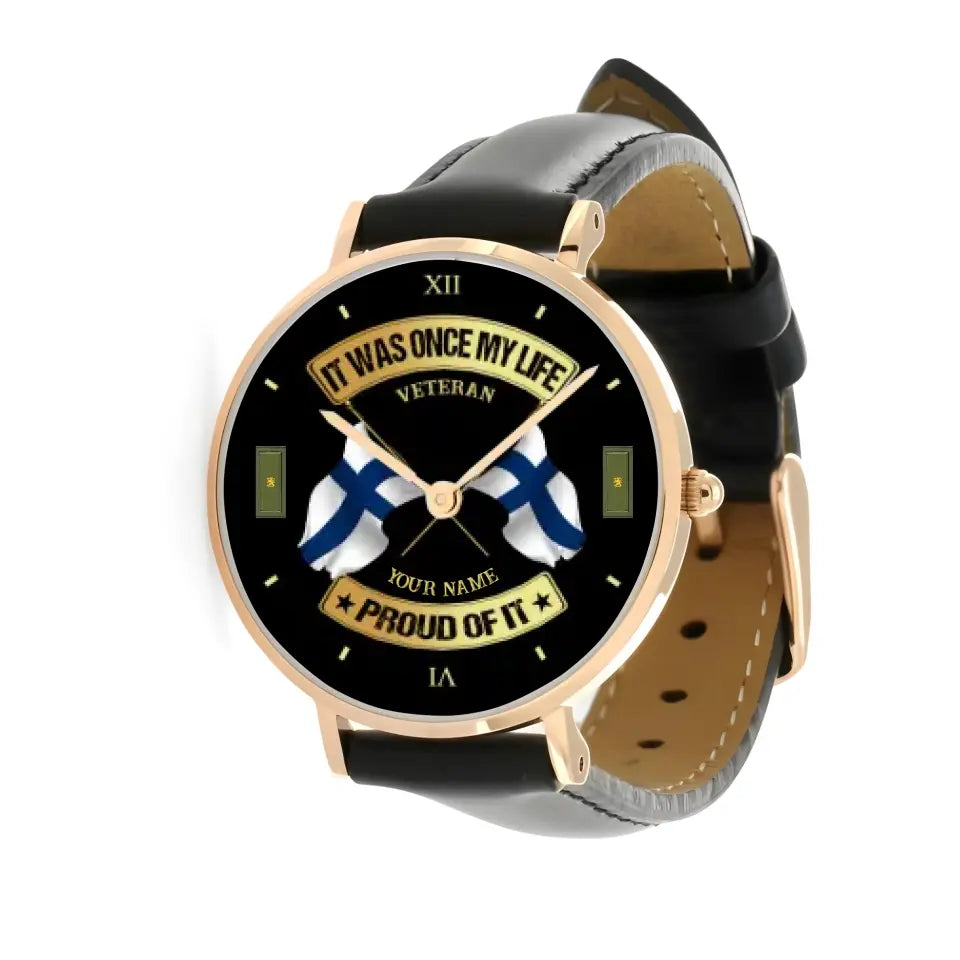 Personalized Finland Soldier/ Veteran With Name and Rank Black Stitched Leather Watch - 03052401QA - Gold Version