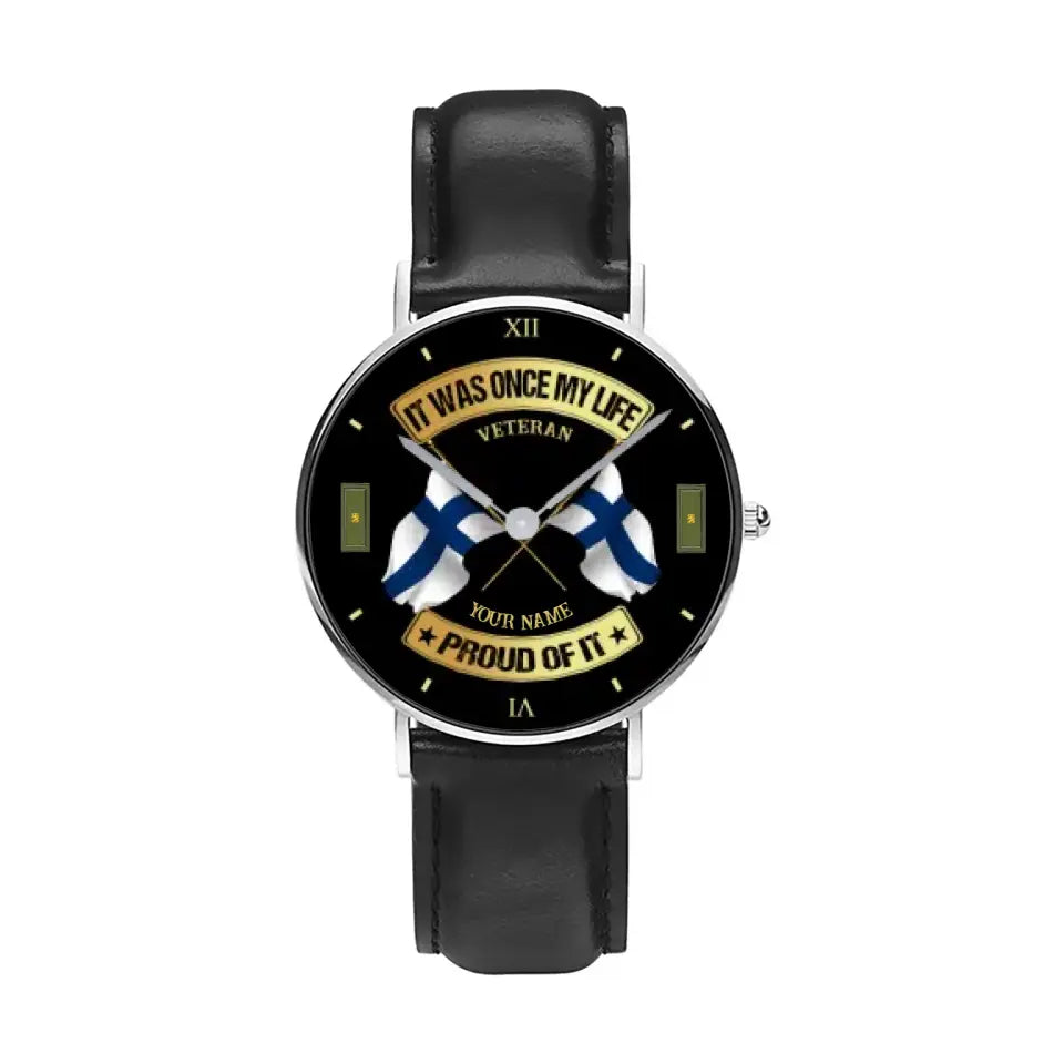 Personalized Finland Soldier/ Veteran With Name and Rank Black Stitched Leather Watch - 03052401QA - Gold Version