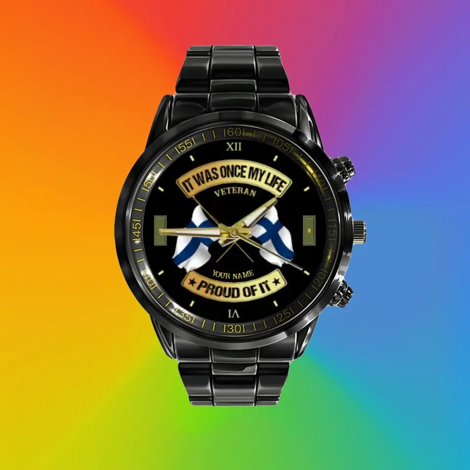 Personalized Finland Soldier/ Veteran With Name and Rank Black Stainless Steel Watch - 03052401QA - Gold Version
