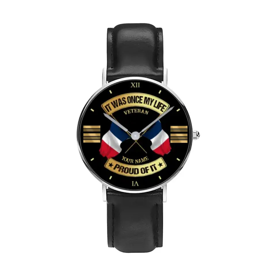 Personalized France Soldier/ Veteran With Name and Rank Black Stitched Leather Watch - 17146944 - Gold Version