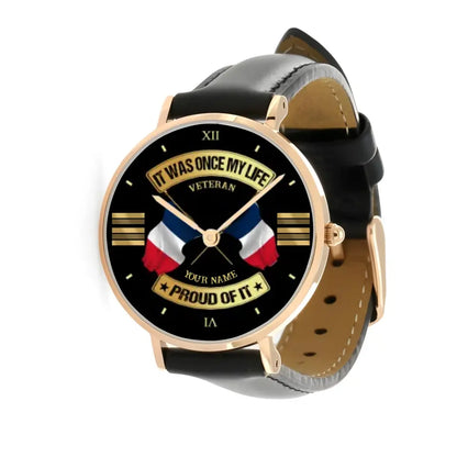 Personalized France Soldier/ Veteran With Name and Rank Black Stitched Leather Watch - 17146944 - Gold Version