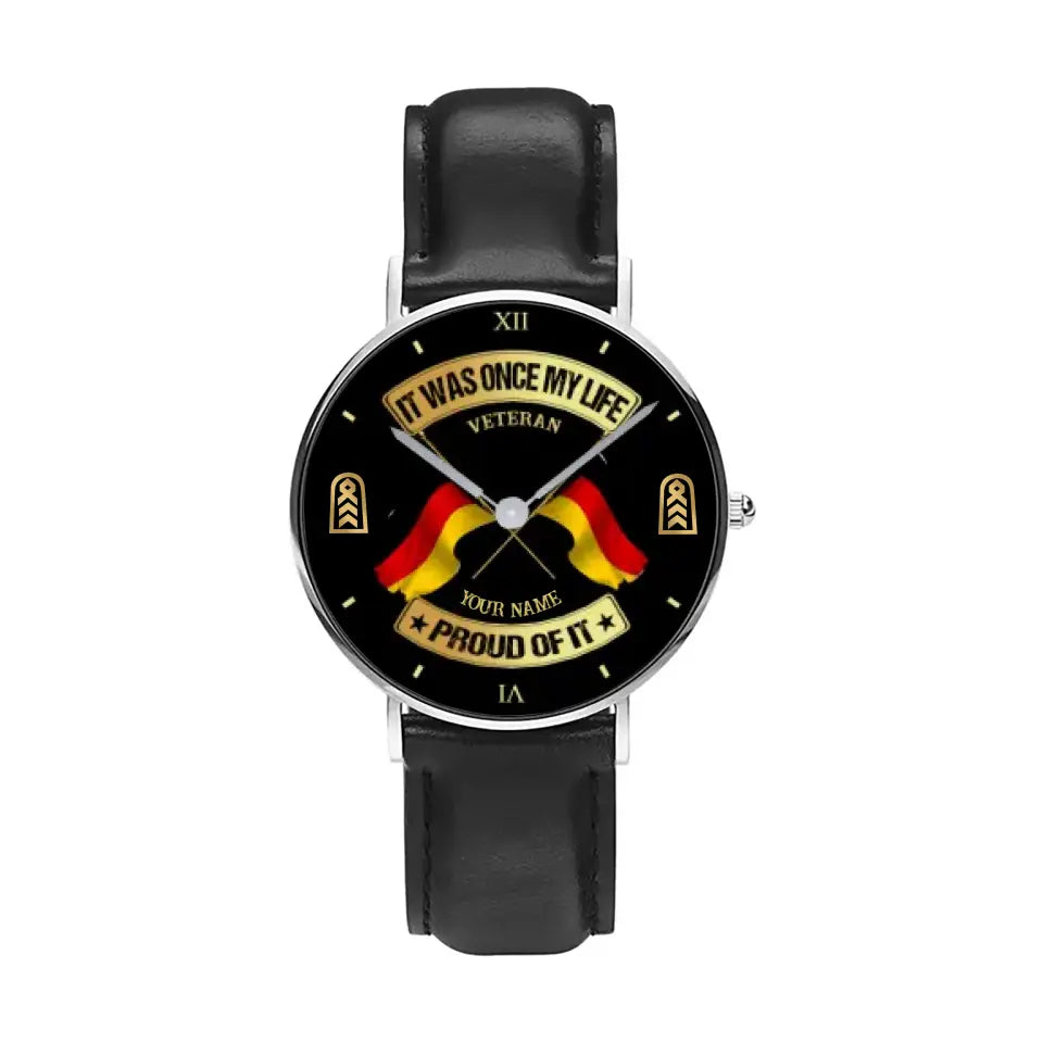 Personalized Germany Soldier/ Veteran With Name and Rank Black Stitched Leather Watch - 17146944 - Gold Version