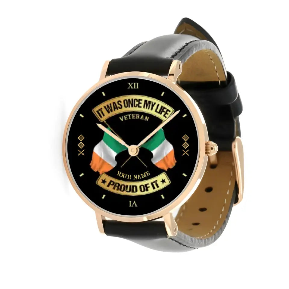 Personalized Ireland Soldier/ Veteran With Name and Rank Black Stitched Leather Watch - 17146944 - Gold Version