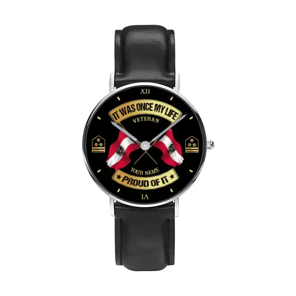 Personalized Austrian Soldier/ Veteran With Name and Rank Stitched Leather Watch - 03052401QA - Gold Version