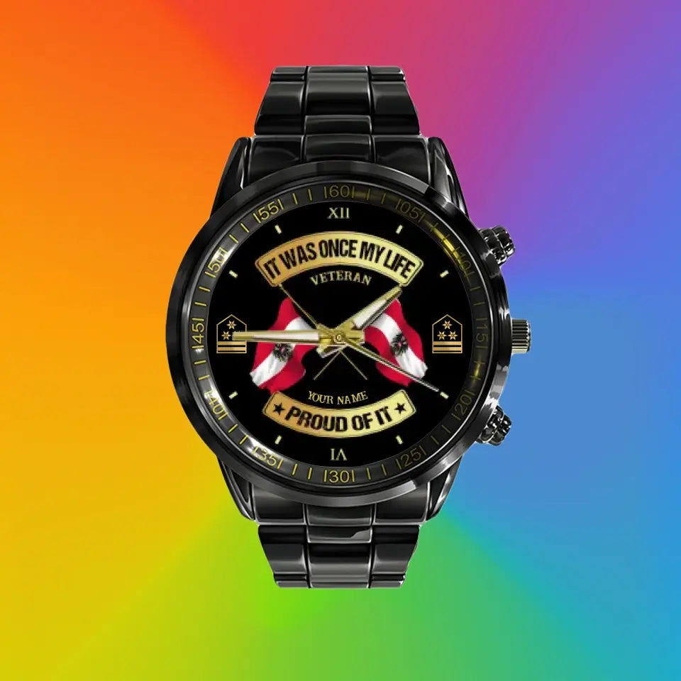 Personalized Austrian Soldier/ Veteran With Name and Rank Black Stainless Steel Watch - 03052401QA - Gold Version
