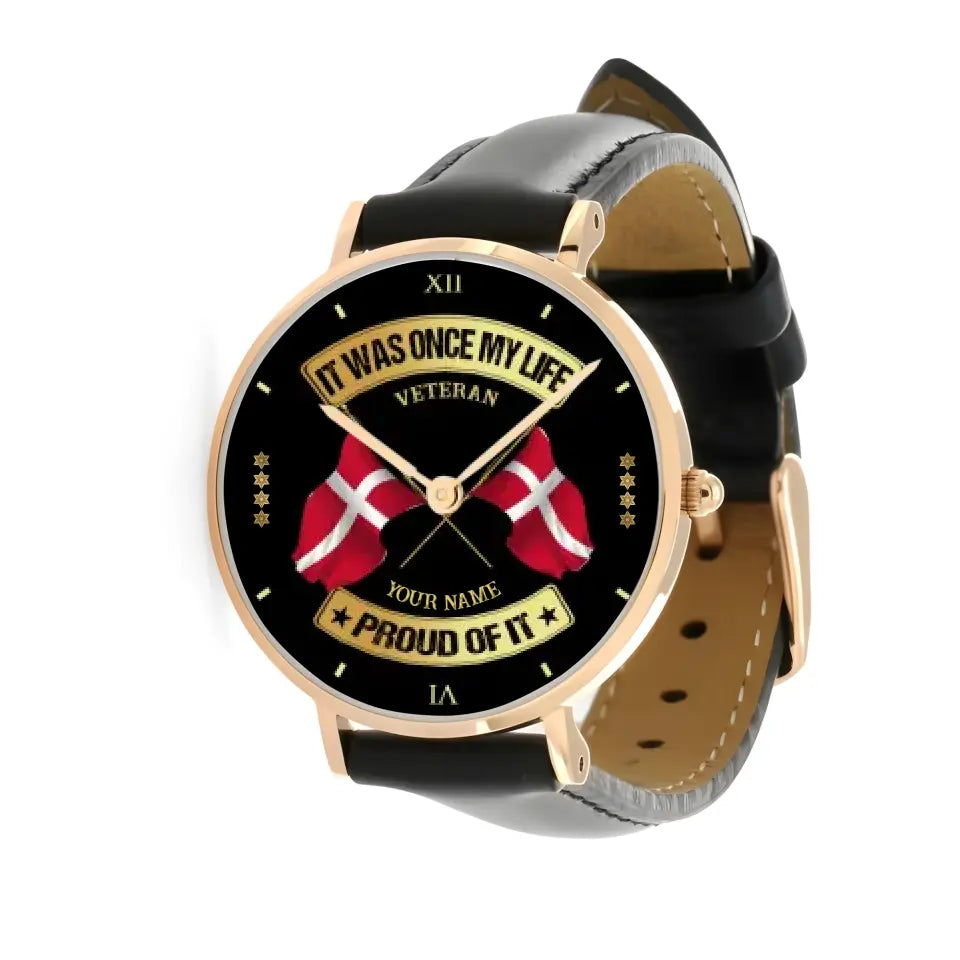 Personalized Denmark Soldier/ Veteran With Name and Rank Stitched Leather Watch - 03052401QA - Gold Version