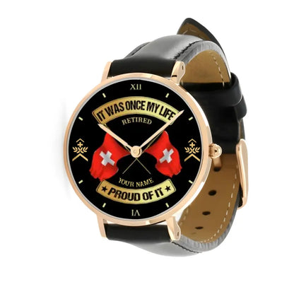 Personalized Swiss Soldier/ Veteran With Name and Rank Stitched Leather Watch - 03052401QA - Gold Version