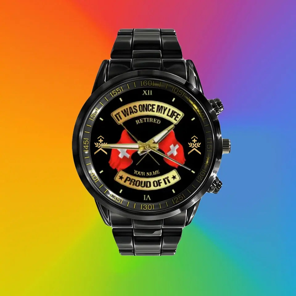 Personalized Swiss Soldier/ Veteran With Name and Rank Black Stainless Steel Watch - 03052401QA - Gold Version