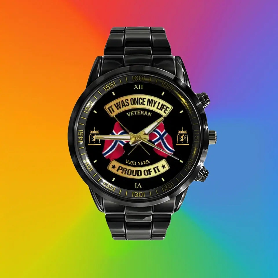 Personalized Norway Soldier/ Veteran With Name and Rank Black Stainless Steel Watch - 03052401QA - Gold Version