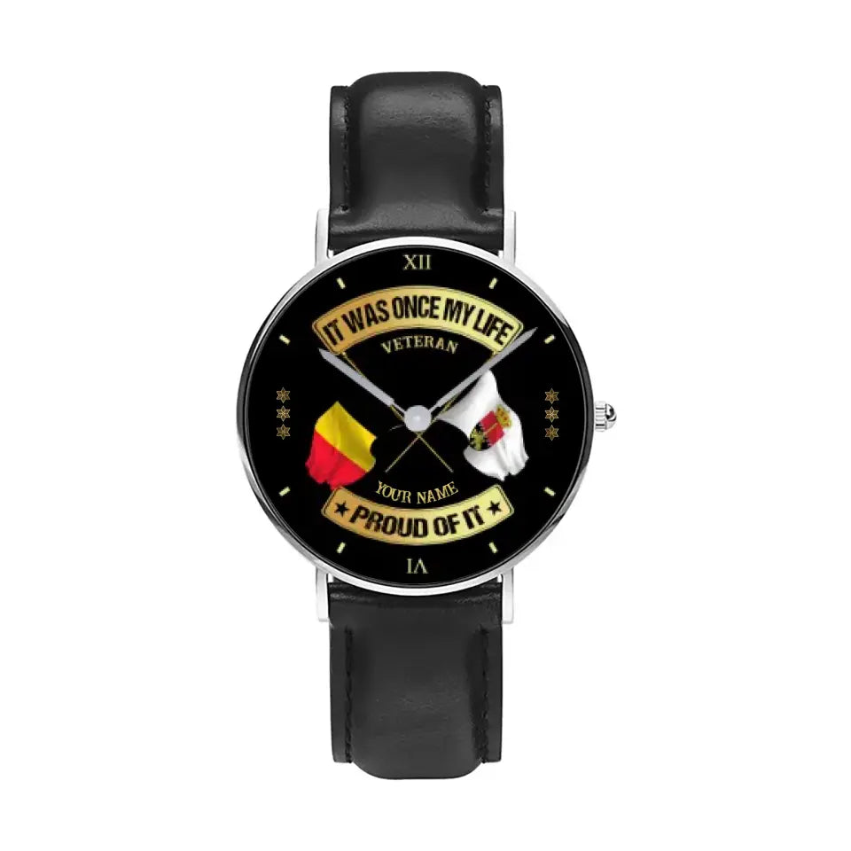 Montre personnalisée en cuir noir cousu pour soldat/vétéran belge avec nom et grade - 03052401QA - Version dorée