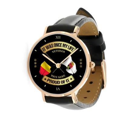 Personalized Belgium Soldier/ Veteran With Name and Rank Black Stitched Leather Watch - 03052401QA - Gold Version