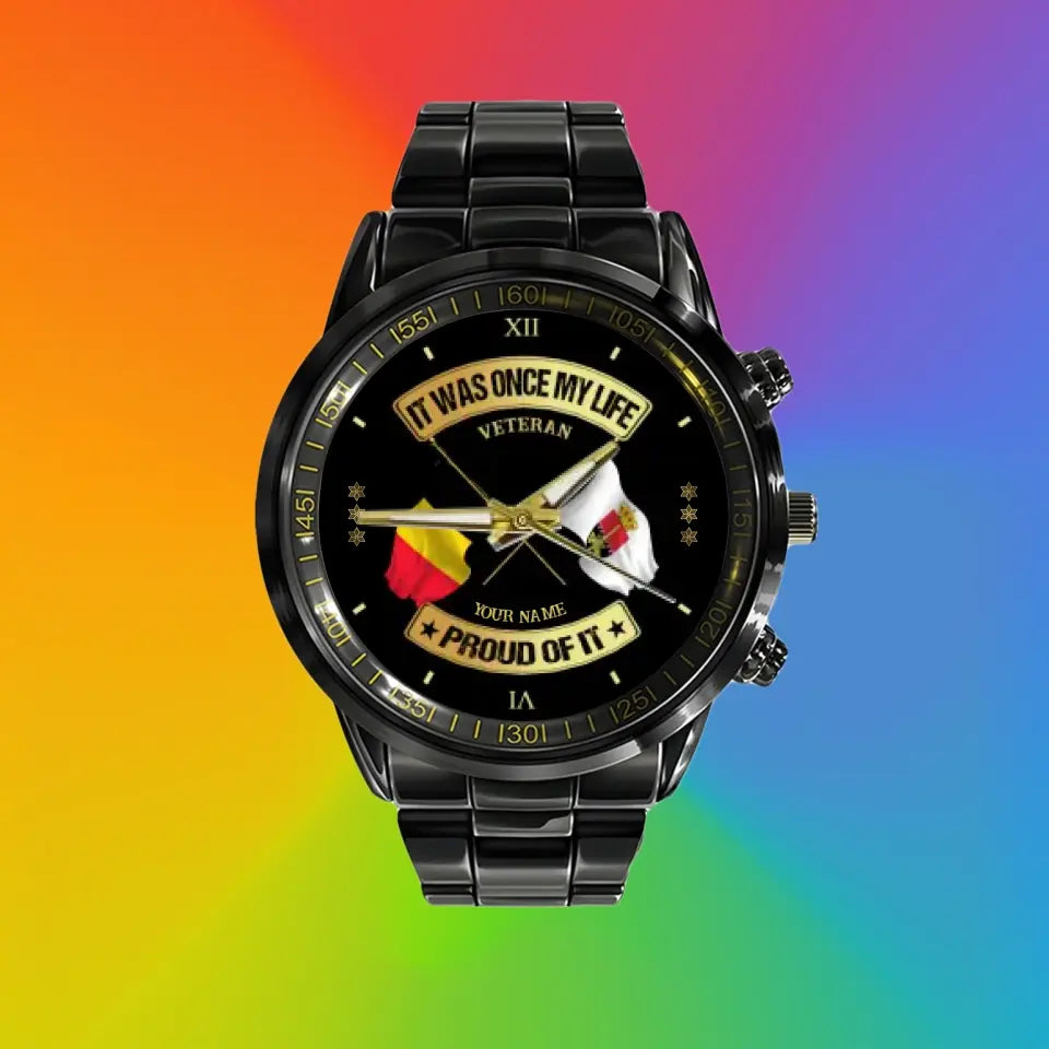 Personalized Belgium Soldier/ Veteran With Name and Rank Black Stainless Steel Watch - 03052401QA - Gold Version