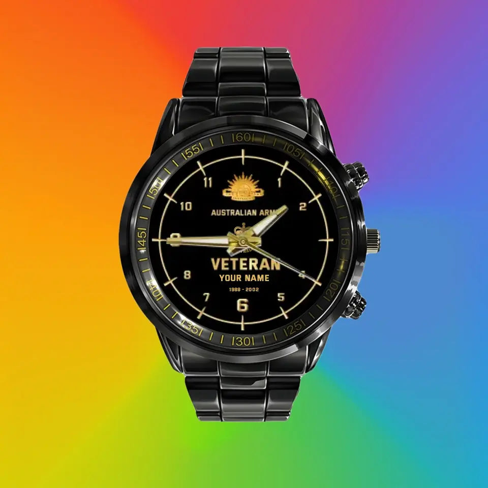 Personalized Australia Soldier/ Veteran With Name, Rank and Year Black Stainless Steel Watch - 03052402QA - Gold Version
