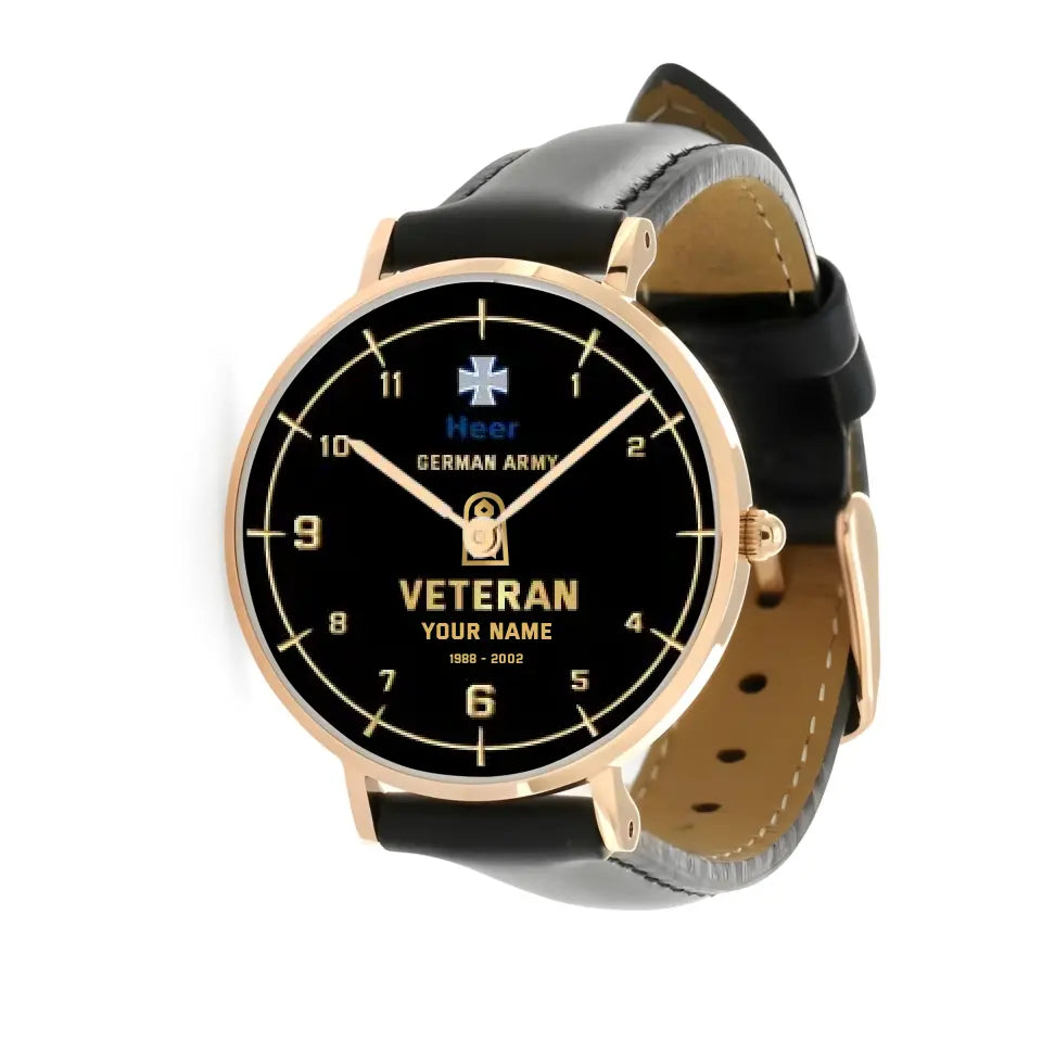 Personalized Germany Soldier/ Veteran With Name, Rank and Year Black Stitched Leather Watch - 03052402QA - Gold Version
