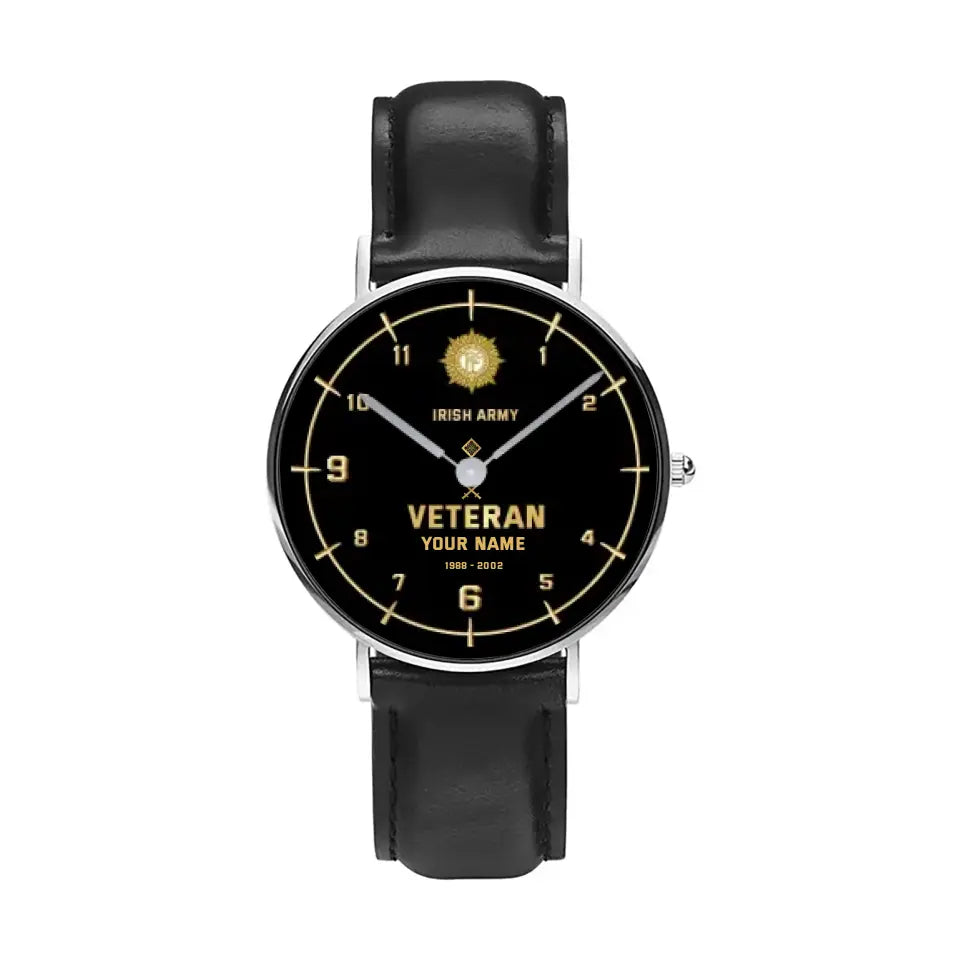 Personalized Ireland Soldier/ Veteran With Name, Rank and Year Black Stitched Leather Watch - 03052402QA - Gold Version