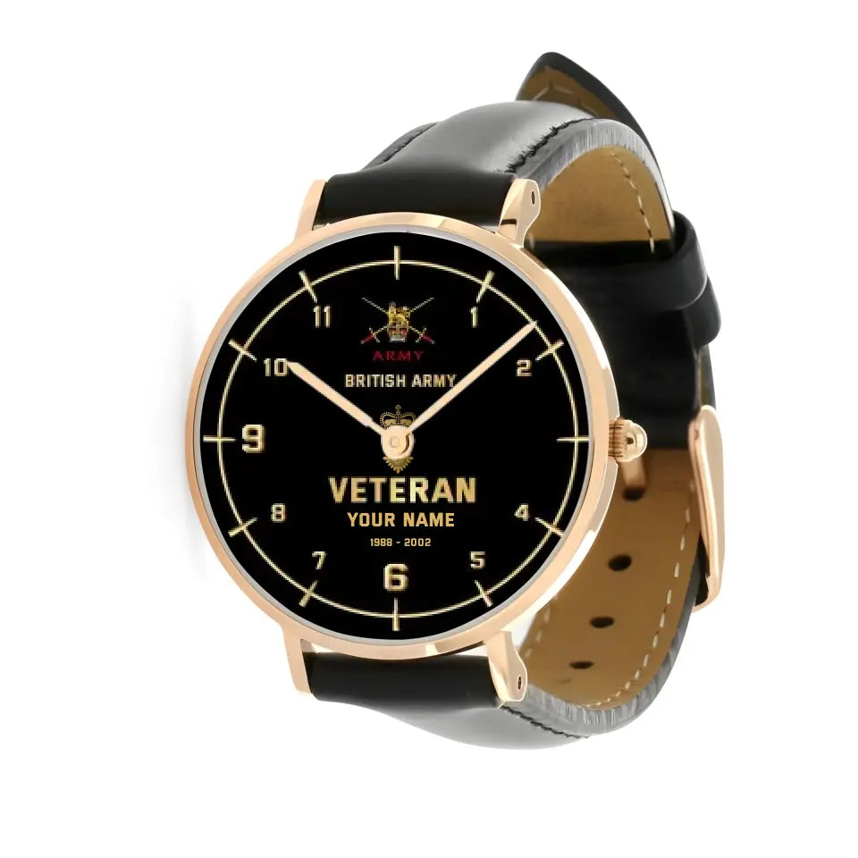 Personalized UK Soldier/ Veteran With Name, Rank and Year Black Stitched Leather Watch - 03052402QA - Gold Version