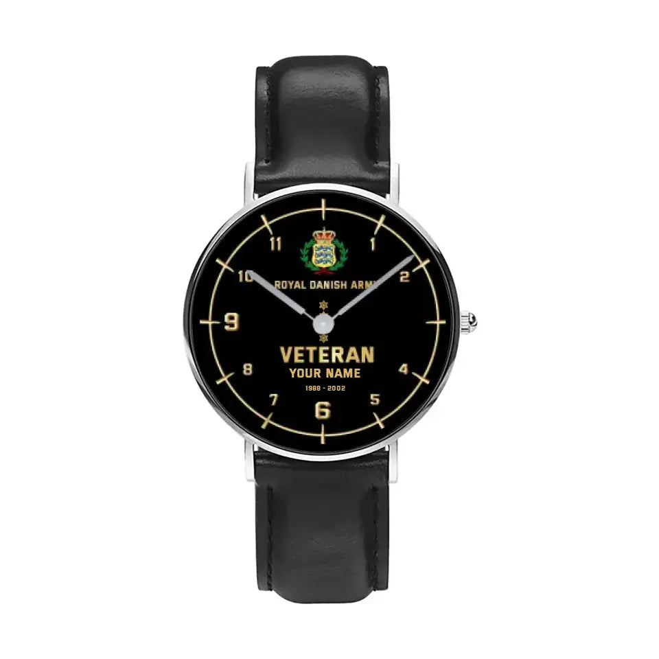 Personalized Denmark Soldier/ Veteran With Name, Rank and Year Black Stitched Leather Watch - 03052402QA - Gold Version