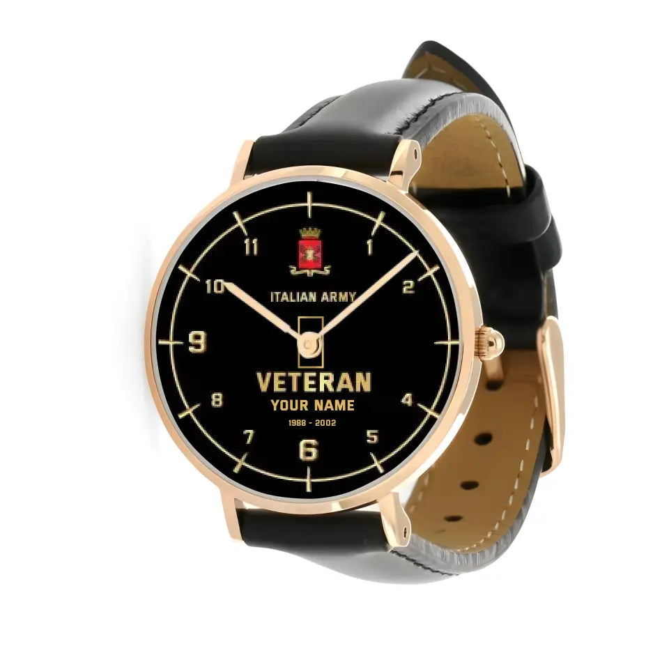 Personalized Italy Soldier/ Veteran With Name, Rank and Year Black Stitched Leather Watch - 03052402QA - Gold Version