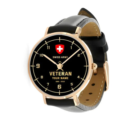 Personalized Swiss Soldier/ Veteran With Name, Rank and Year Black Stitched Leather Watch - 03052402QA - Gold Version