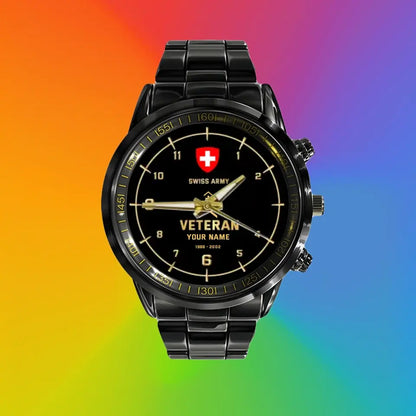 Personalized Swiss  Soldier/ Veteran With Name, Rank and Year Black Stainless Steel Watch - 03052402QA - Gold Version