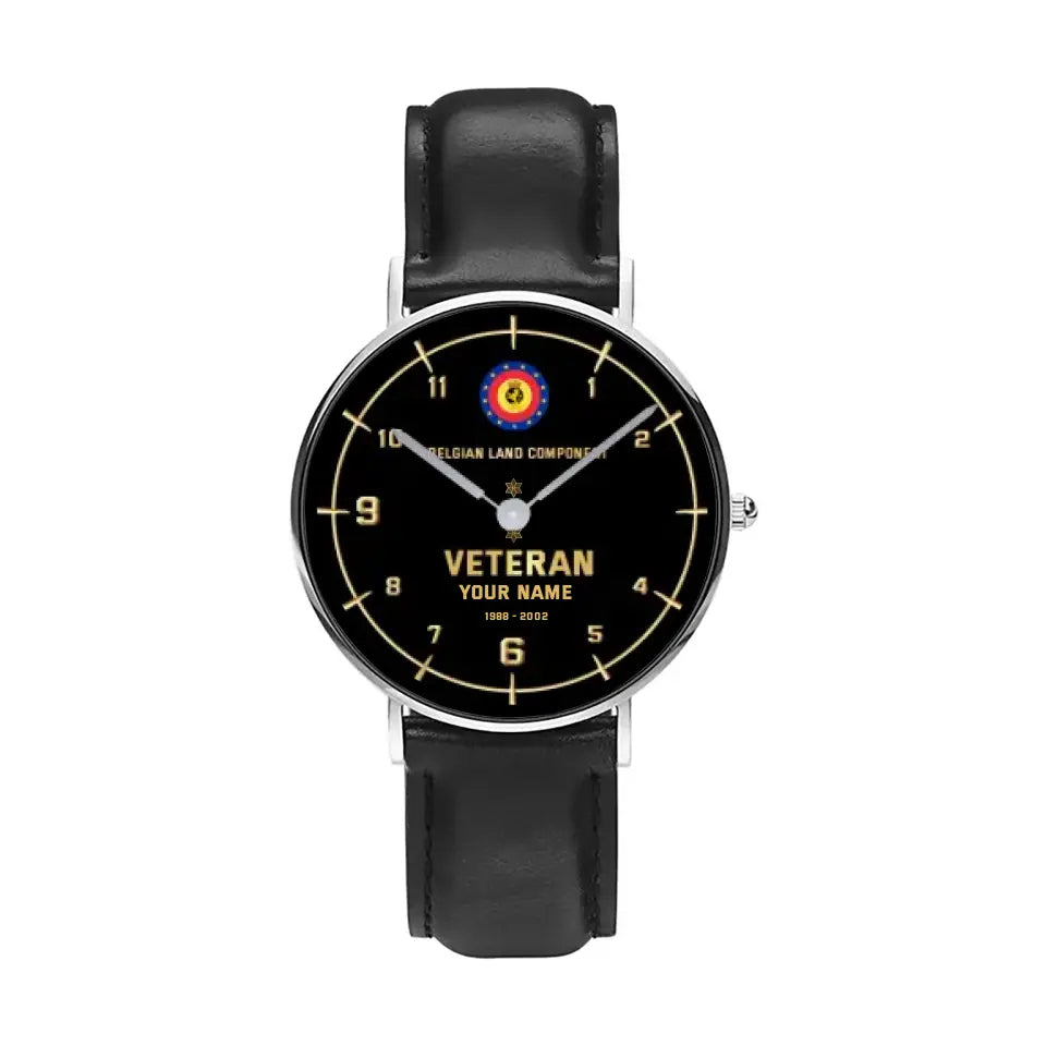 Personalized Belgium Soldier/ Veteran With Name, Rank and Year Black Stitched Leather Watch - 1714694401 - Gold Version