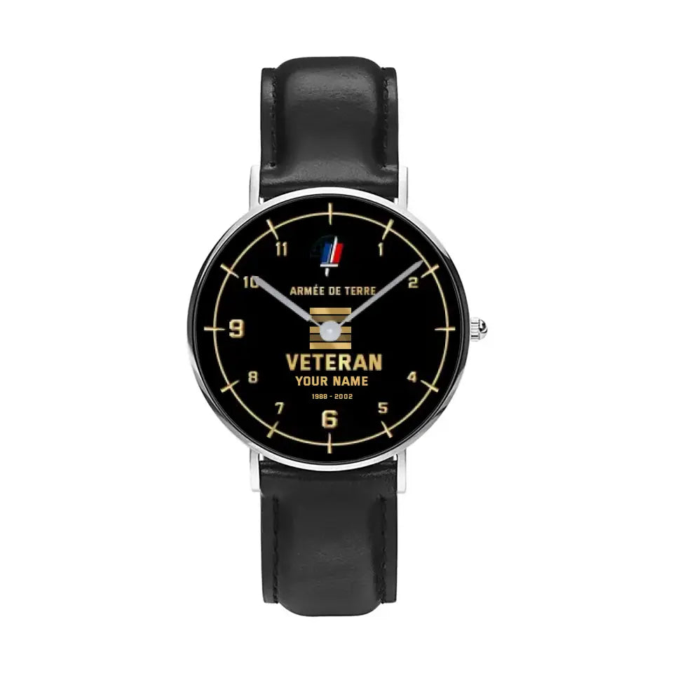 Montre Personnalisée Soldat/Vétéran France Avec Nom, Grade et Année Cuir Noir Surpiqué - 03052402QA - Version Or