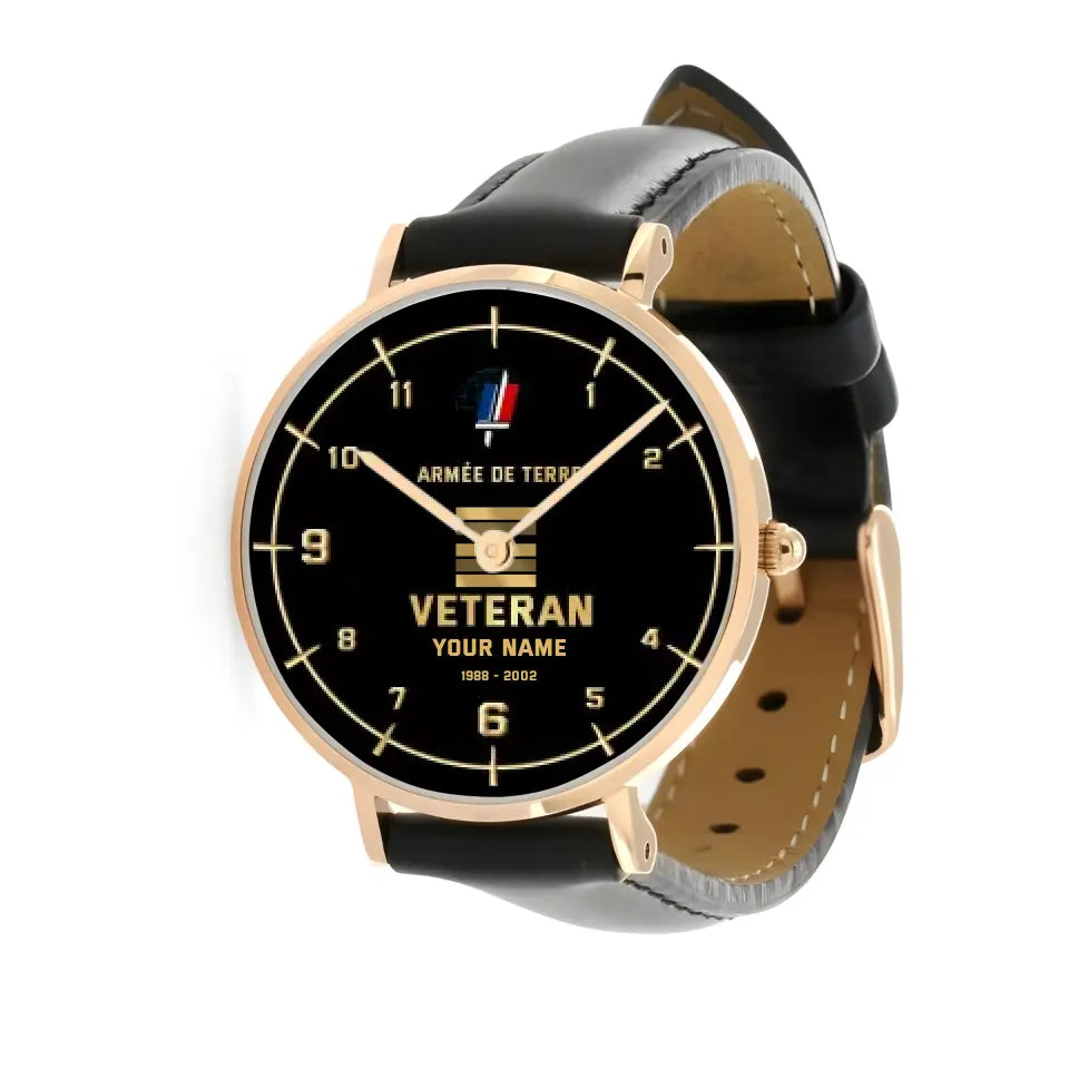 Personalized France Soldier/ Veteran With Name, Rank and Year Black Stitched Leather Watch - 03052402QA - Gold Version