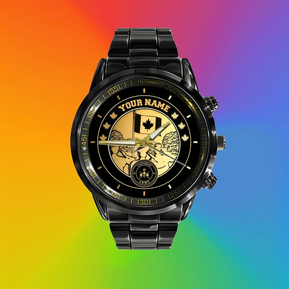 Personalized Canada Soldier/ Veteran With Name Black Stainless Steel Watch - 03052402QA - Gold Version