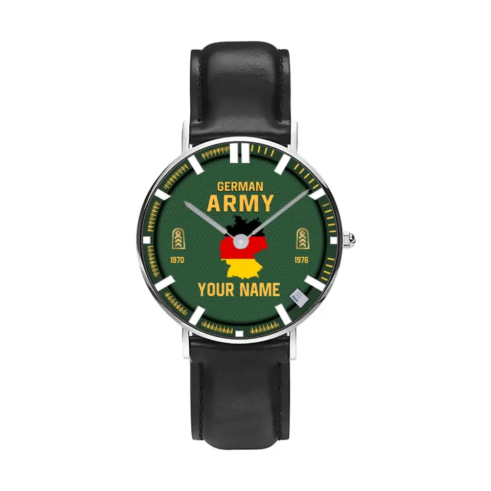 Personalized Germany Soldier/ Veteran With Name, Rank and Year Black Stitched Leather Watch - 1718582401 - Gold Version