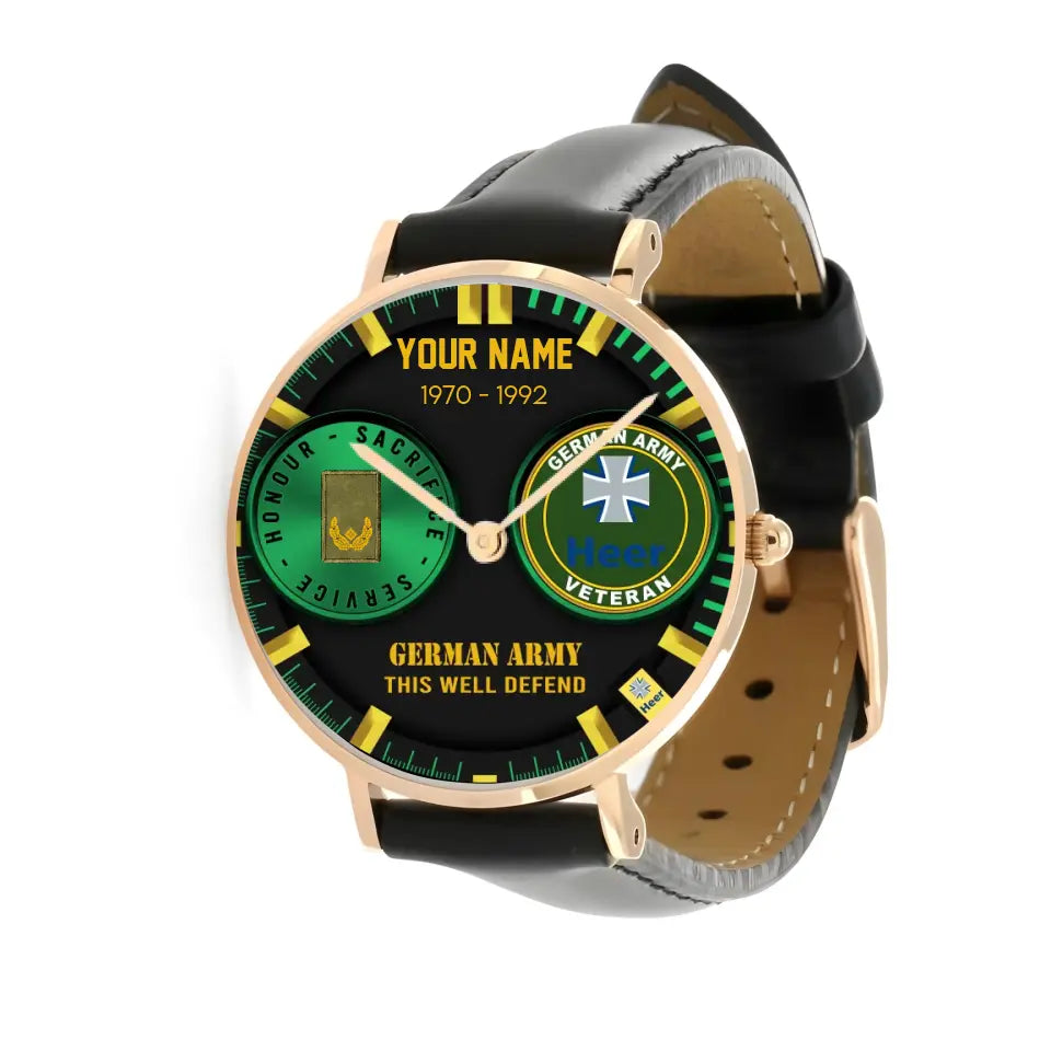 Personalized Germany Soldier/ Veteran With Name, Rank and Year Black Stitched Leather Watch - 1718668801 - Gold Version