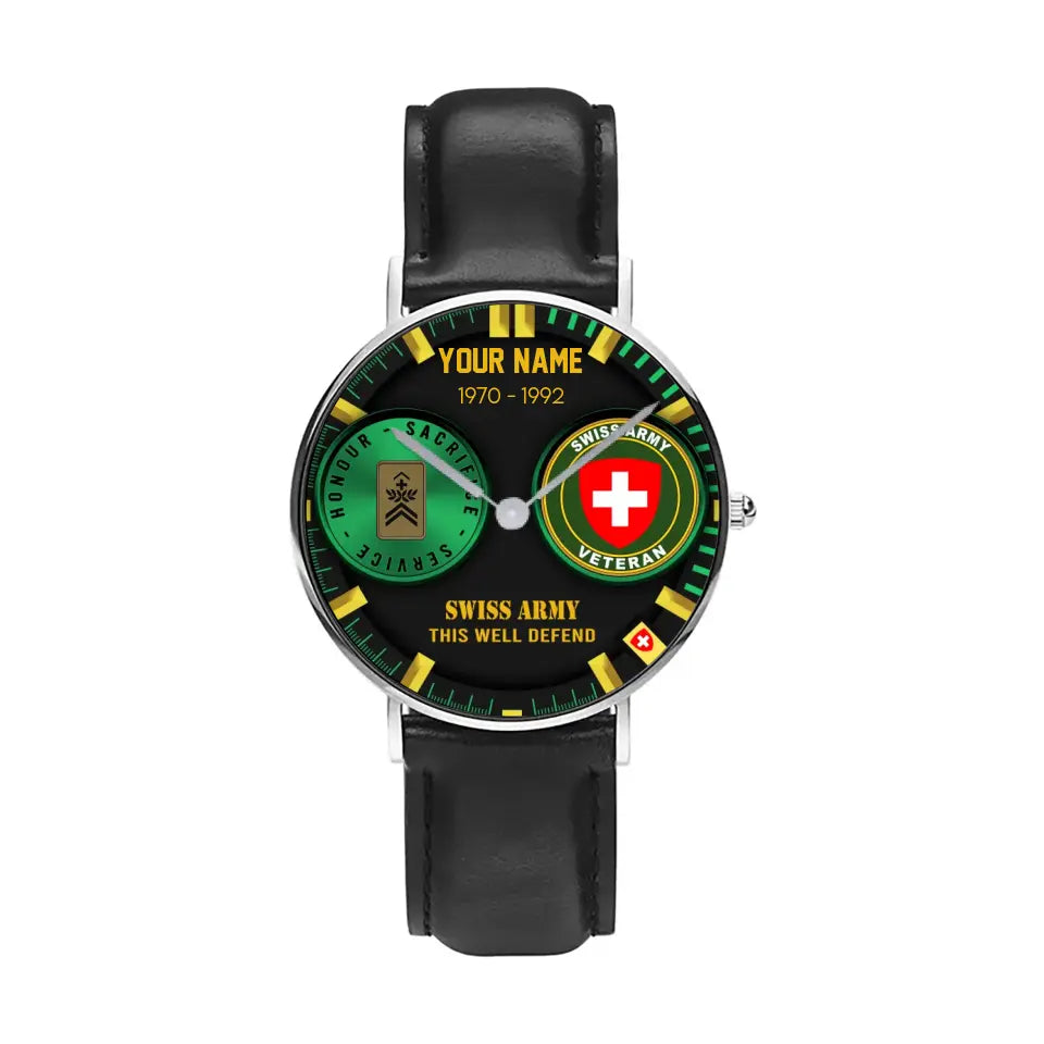 Personalized Swiss Soldier/ Veteran With Name, Rank and Year Black Stitched Leather Watch - 1718668801 - Gold Version