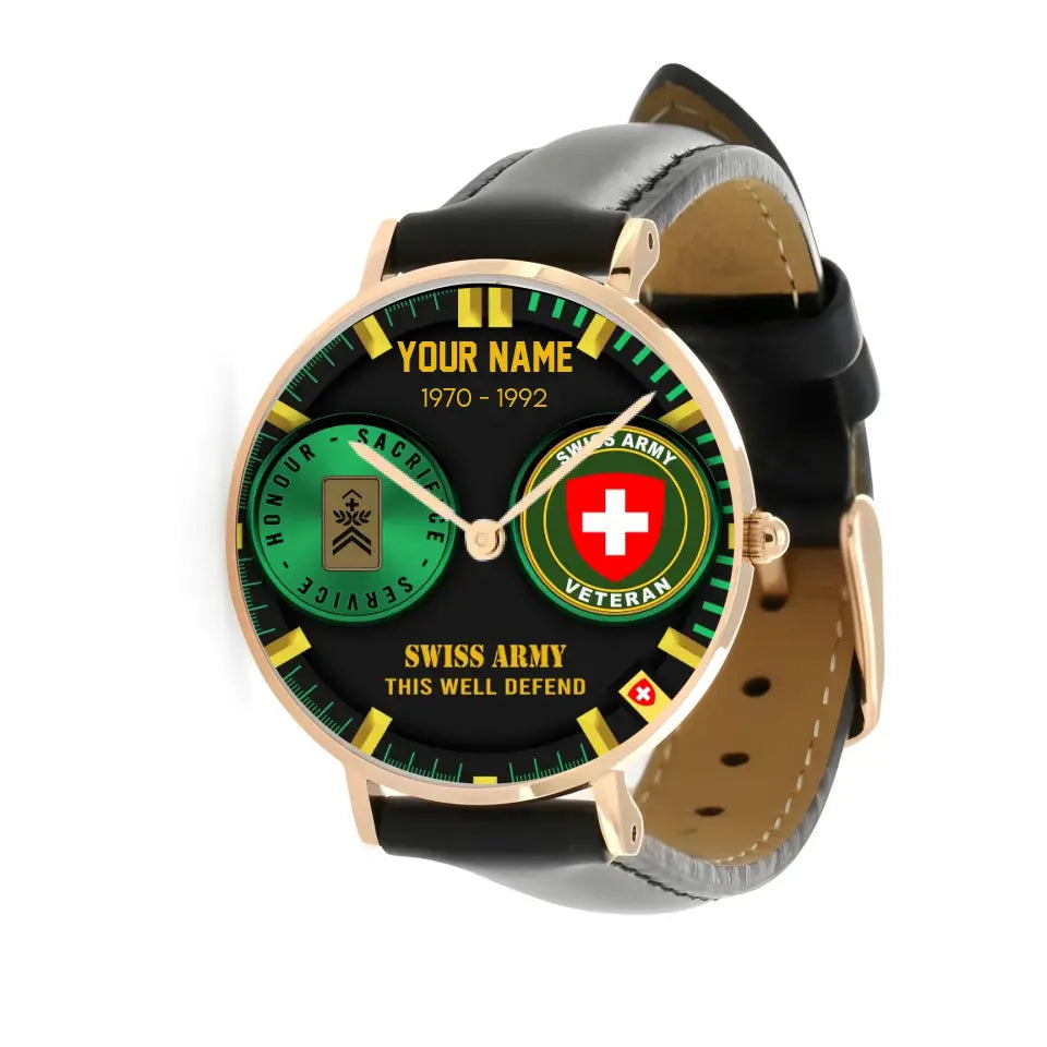 Personalized Swiss Soldier/ Veteran With Name, Rank and Year Black Stitched Leather Watch - 1718668801 - Gold Version