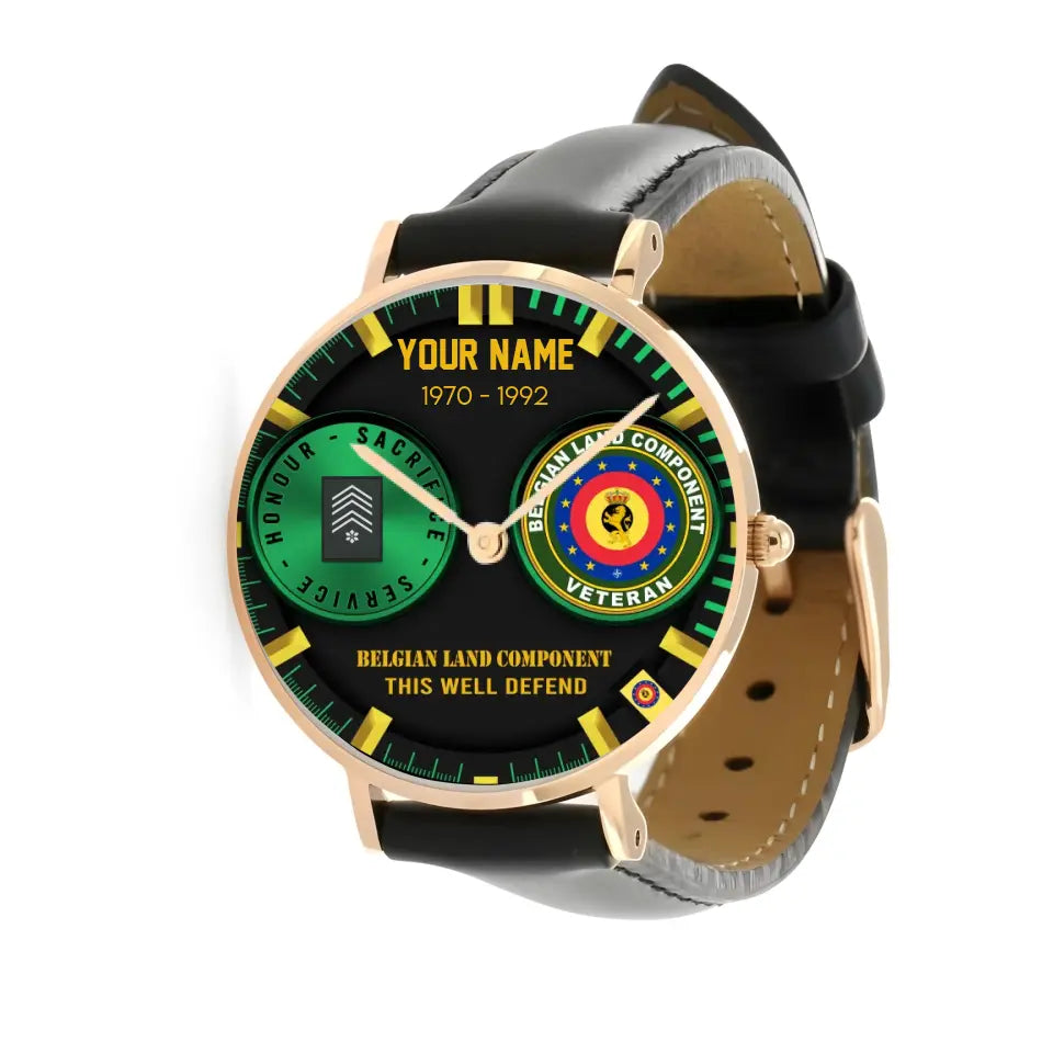Personalized Belgium Soldier/ Veteran With Name, Rank and Year Black Stitched Leather Watch - 1718668801 - Gold Version